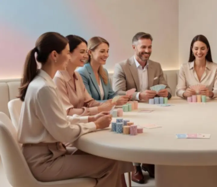 Elegánsan öltözött vendégek pókerasztal körül, zsetonokkal és kártyákkal egy hangulatos póker esten.