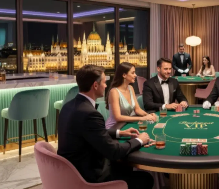 Exkluzív VIP póker est elegáns vendégekkel és prémium pókerasztallal.